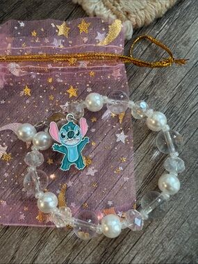 Kids Clear and pearl like Bead Bracelet with Blue Cartoon Charm